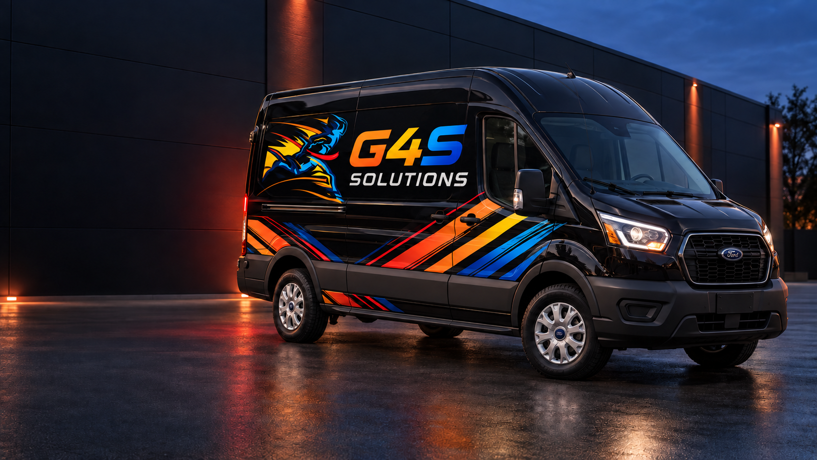 Black G4S Solutions commercial HVAC service van with a bold multicolor wrap